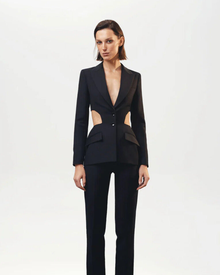 Black suit with open back jacket