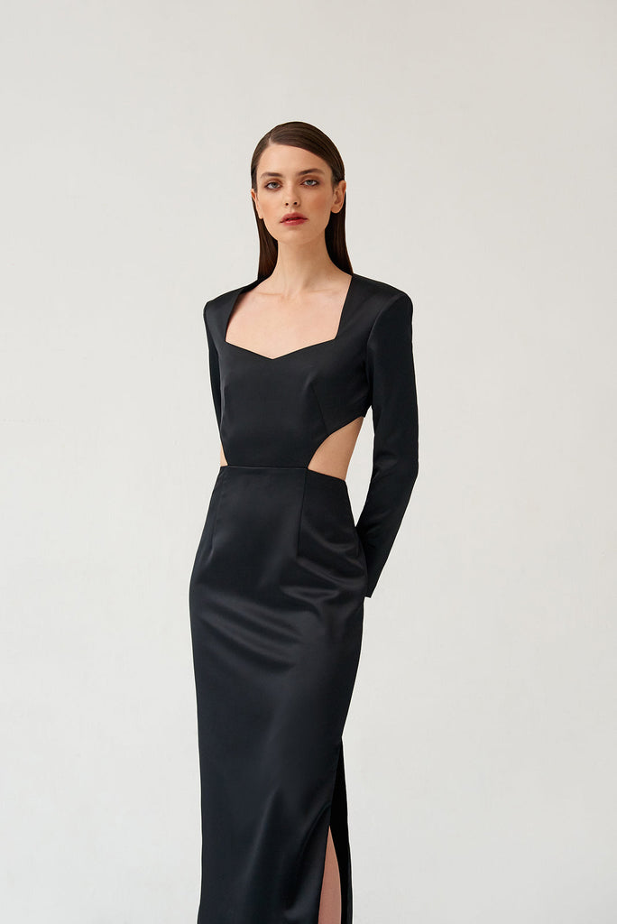 Black satin maxi dress with an open back