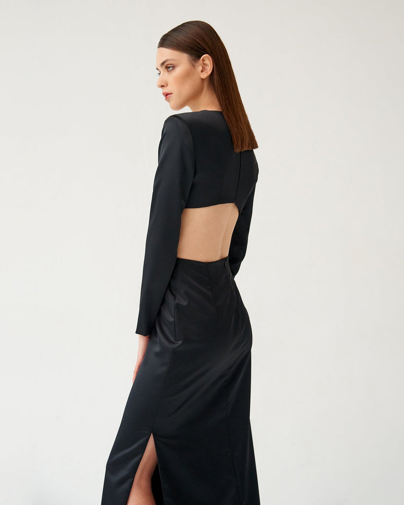 Black satin maxi dress with an open back