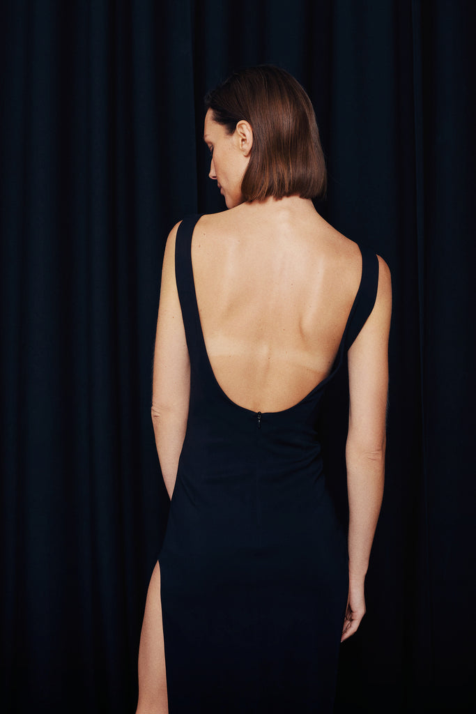 Black maxi dress with an open back