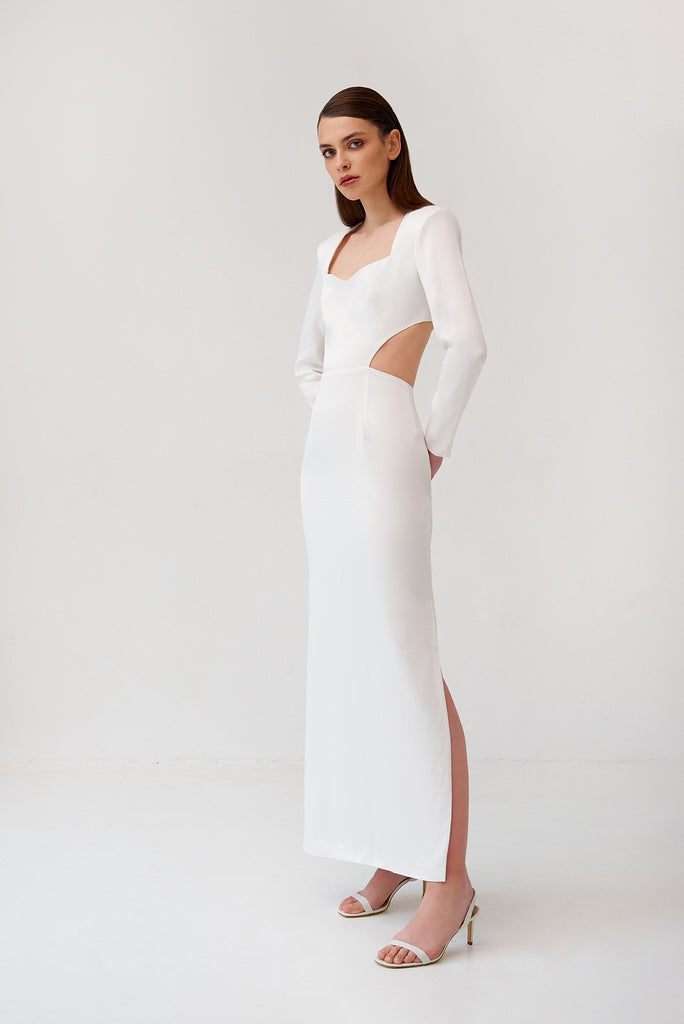 Ivory satin maxi dress with an open back